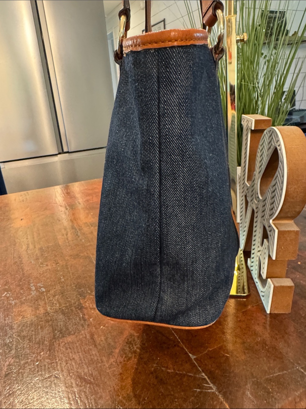 Michael Kors Navy Denim Tote with Tan Leather Trim - Picture 3 of 14